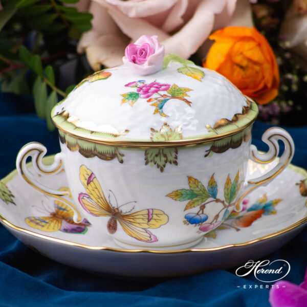 Herend Victoria VBO soup cup with lid and pink rose knob. 1718-0-09 VBO.