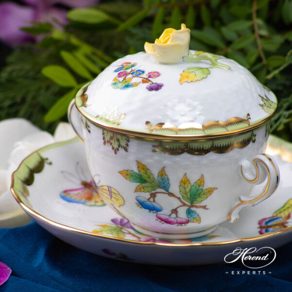 Herend Victoria VBO soup cup with lid and yellow rose knob.