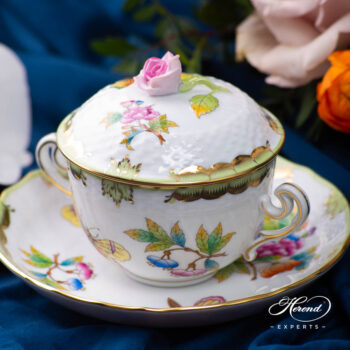 Herend Victoria VBO soup cup with lid and pink rose knob.