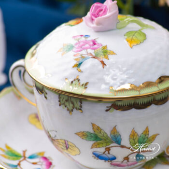 Herend Victoria VBO soup cup with lid and pink rose knob.