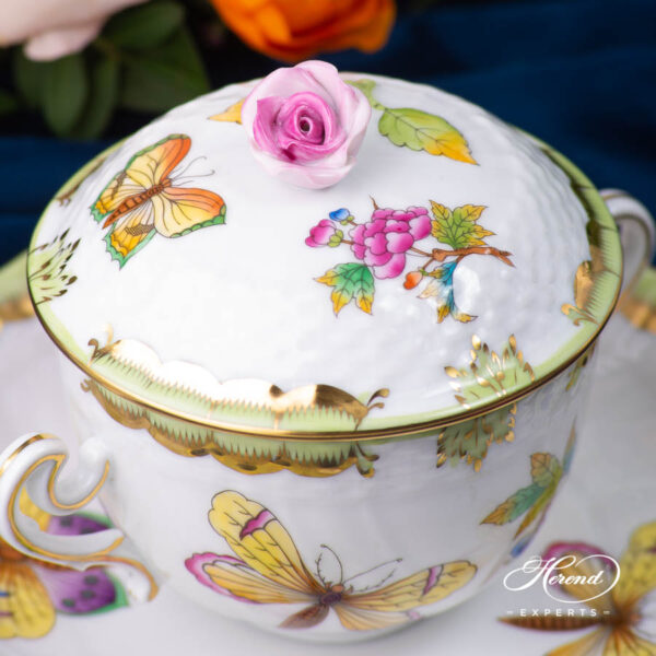 Herend Victoria VBO soup cup with lid and pink rose knob.