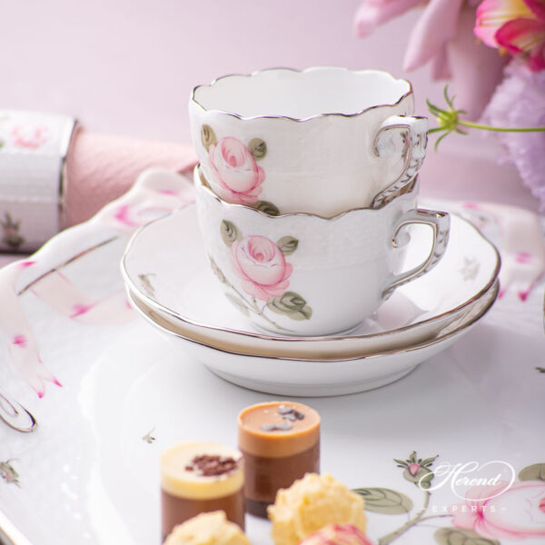 Coffee Cup / Demitasse with Saucer - Herend porcelain 711-0-00 VGR-PT - Vienna Rose Grande Platinum design.