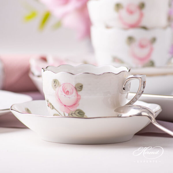 Coffee Cup / Demitasse with Saucer - Herend porcelain 711-0-00 VGR-PT - Vienna Rose Grande Platinum design.