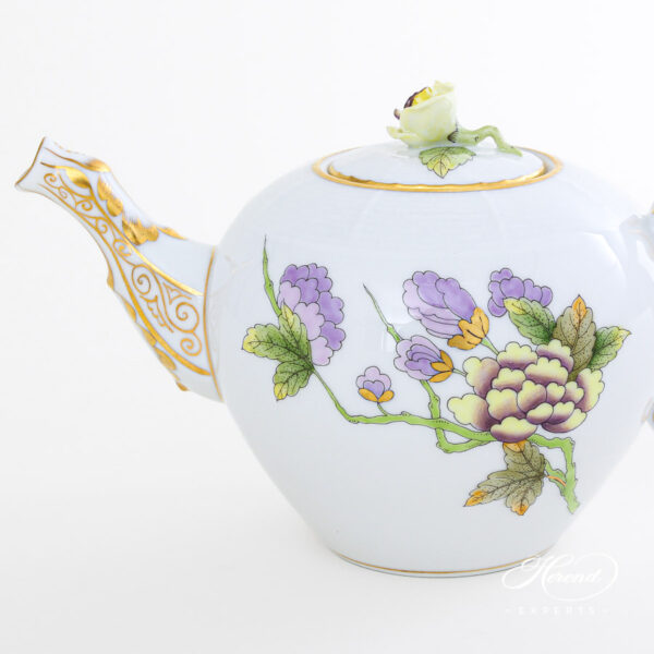 Miniature Teapot with Rose Knob - Herend porcelain 608-0-09 EVICTF1 - Royal Garden Green Flower design.