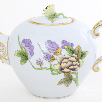 Miniature Teapot with Rose Knob - Herend porcelain 608-0-09 EVICTF1 - Royal Garden Green Flower design.