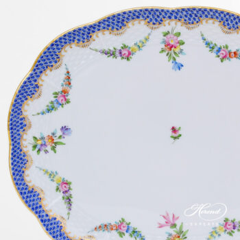 Oval Plate large - Herend porcelain 417-0-00 LTBS-EBH - Flower Garland with Blue Fish Scale design.