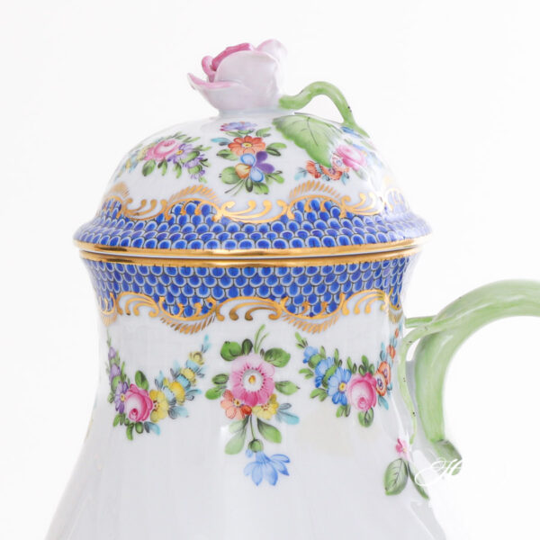 Coffee Pot with Rose Knob - Herend porcelain 1613-0-09 LTBS-EBH - Flower Garland with Blue Fish Scale design.