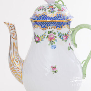 Coffee Pot with Rose Knob - Herend porcelain 1613-0-09 LTBS-EBH - Flower Garland with Blue Fish Scale design.