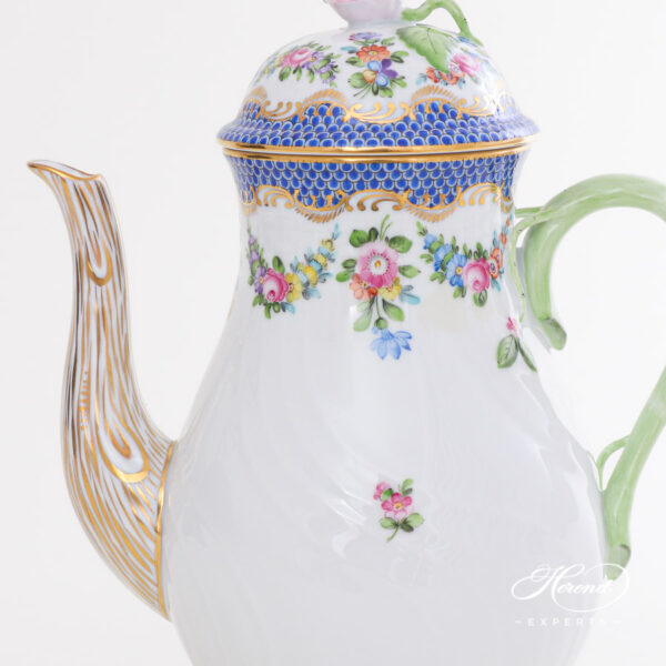 Coffee Pot with Rose Knob - Herend porcelain 1613-0-09 LTBS-EBH - Flower Garland with Blue Fish Scale design.