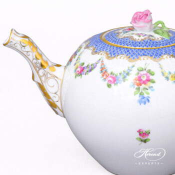 Teapot with Rose Knob - Herend porcelain 606-0-09 LTBS-EBH - Flower Garland with Blue Fish Scale design.