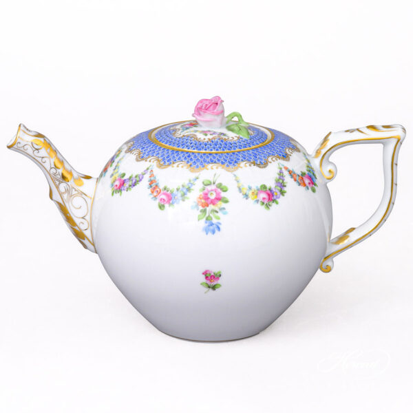 Teapot with Rose Knob - Herend porcelain 606-0-09 LTBS-EBH - Flower Garland with Blue Fish Scale design.