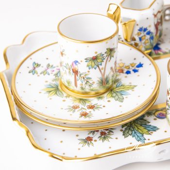 Asian Garden Coffee set FODO Hand-painted with Oriental Showmen figurines. Rich gilded Herend fine china.