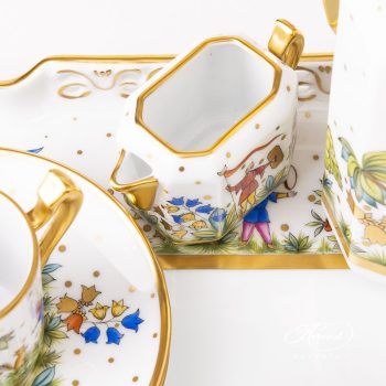 Asian Garden Coffee set FODO Hand-painted with Oriental Showmen figurines. Rich gilded Herend fine china.