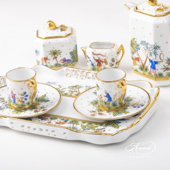 Asian Garden Coffee set FODO Oriental Showmen figurines hand-painted. A Herend fine china espresso set for two.